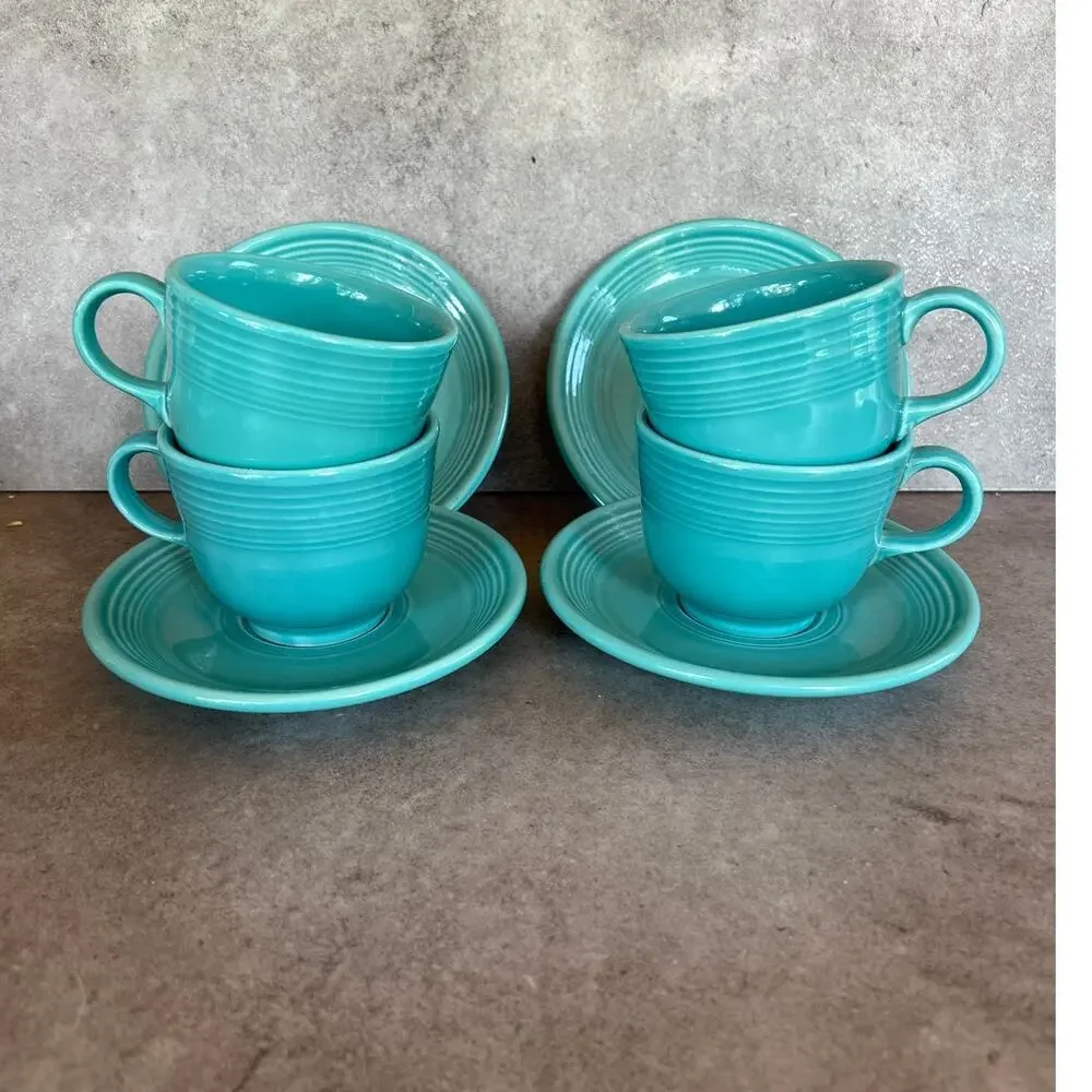Fiestaware vintage turquoise blue teacup & saucer plate set lot 8 pieces aqua